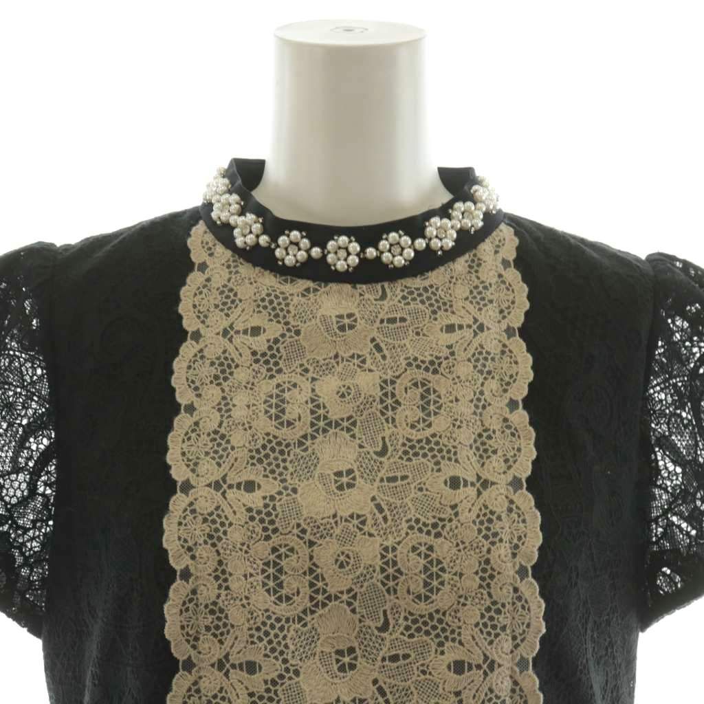  グレースコンチネンタル GRACE 23 AW ビジュー衿レースドレス ワンピース ミモレ ロング 半袖 36 ベージュ 黒 ブラック AN 20 長袖 七分袖 その他