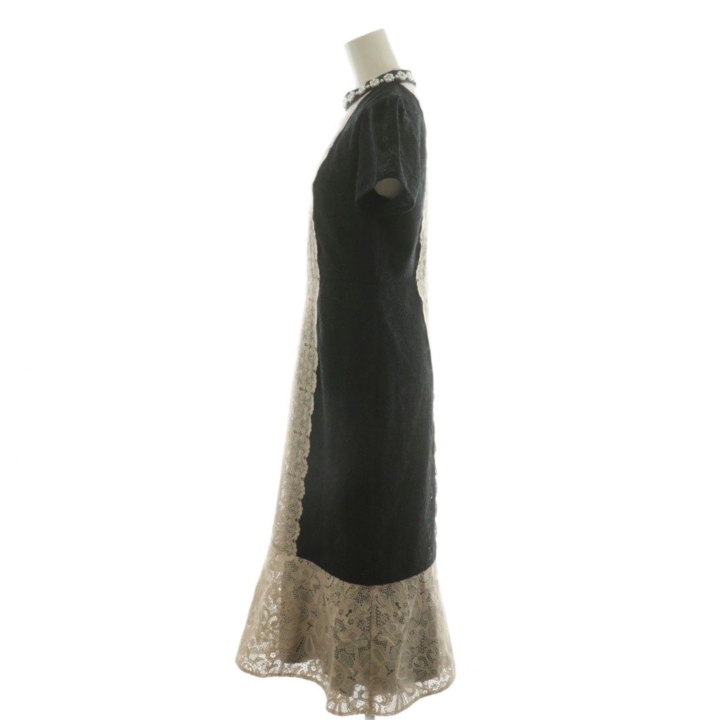 グレースコンチネンタル GRACE 23 AW ビジュー衿レースドレス ワンピース ミモレ ロング 半袖 36 ベージュ 黒 ブラック AN 20