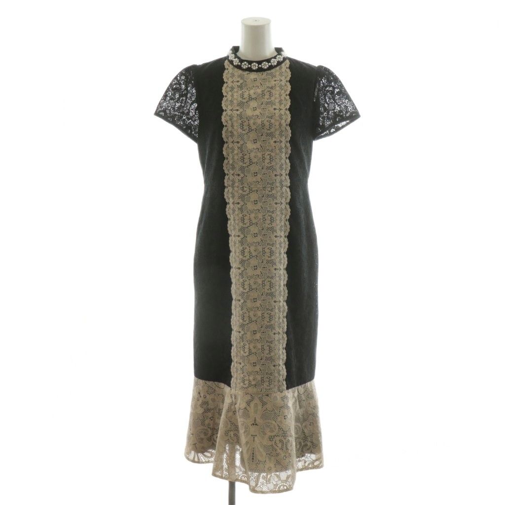 グレースコンチネンタル GRACE CONTINENTAL 23AW ビジュー衿レースドレス ワンピース ミモレ ロング 半袖 36 ベージュ 黒 ブラック 0123335122 AN20