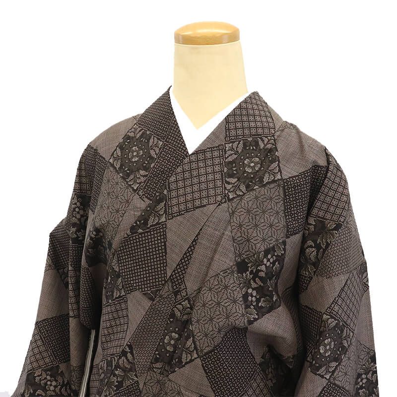 大島紬 紬着物 袷 レディース 正絹 茶 黒 菱 華文 多柄 身丈165 cm 裄丈67 Lサイズ相当