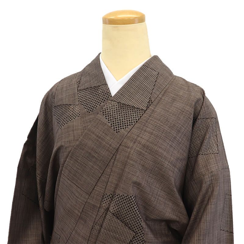 大島紬 紬着物 袷 レディース 正絹 灰茶 色紙柄 シック 身丈165 cm 裄丈67 Lサイズ相当