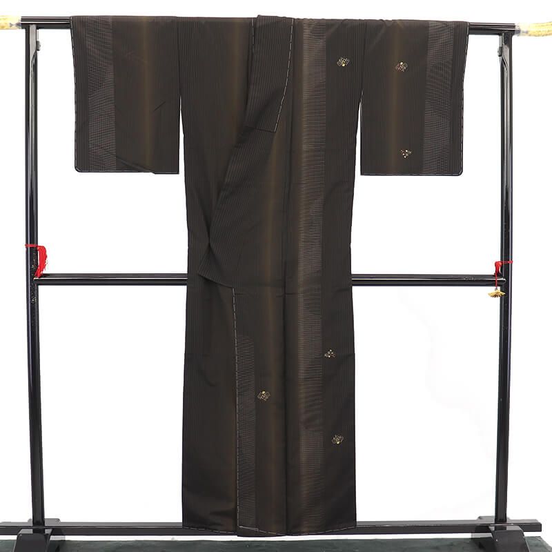 紬 大島紬風 袷 レディース 正絹 黒 茶 飛び柄 細縞 身丈158 5 cm 裄丈62 S～Mサイズ相当