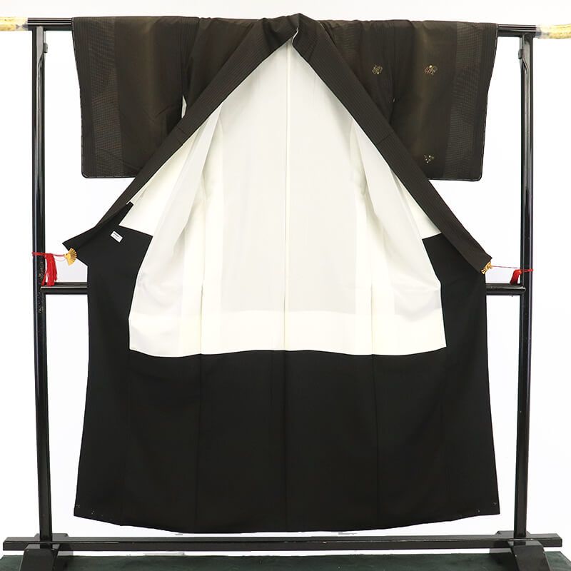  紬 大島紬風 袷 レディース 正絹 黒 茶 飛び柄 細縞 身丈158.5 cm 裄丈62.5 S～Mサイズ相当 紬 着物