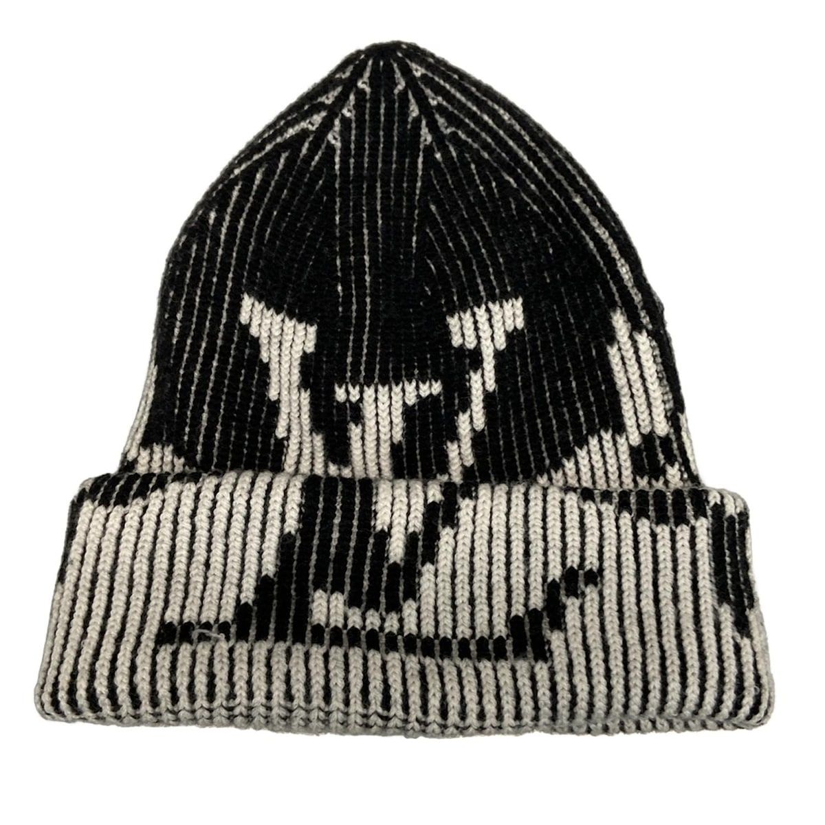 LOUIS VUITTON ルイヴィトン ニット帽 ボネ リブ フラワー モノグラム M77997 黒×ライトグレー ウール