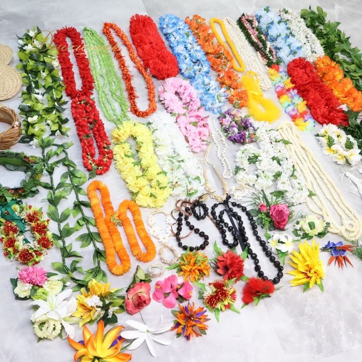 フラダンス 小物 小道具 全70点 セット グリーン系 緑 レッド系 赤 ネックレス フラワーレイ リーフレイ 髪飾り 頭飾り リーフ タヒチアンダンス 民族舞踊 ハワイアンダンス セット商品 カラフル 鮮やか ハワイ フラワー