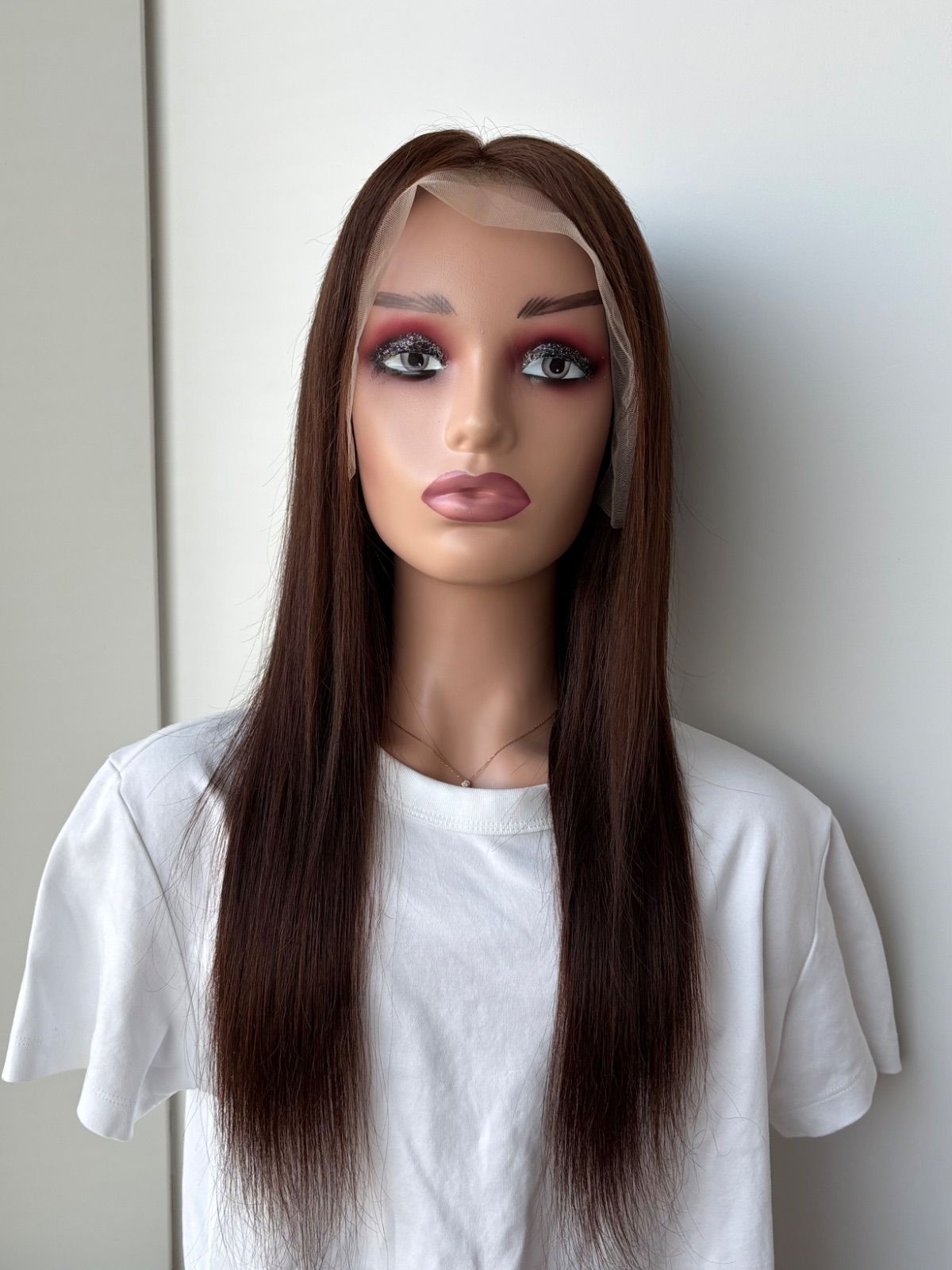 人毛 フルウィッグ｜マロンブラウン｜耳が出せる 自然なもみあげ｜ロング