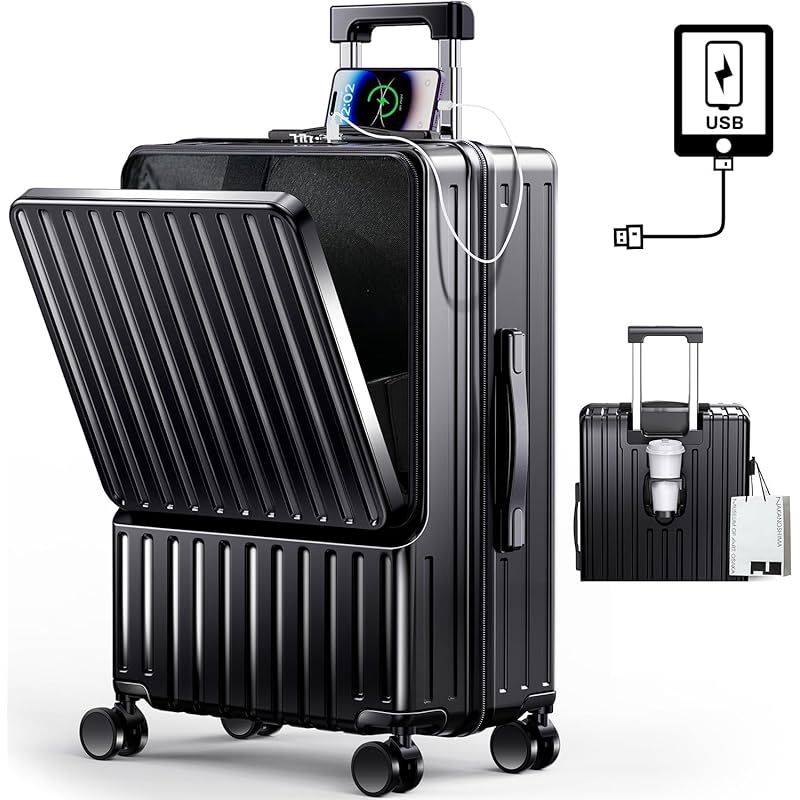 BARGOHOY スーツケース フロントオープン キャリーケース 軽量 カップホルダー付き 隠しフック機能 ケース キャリー USBポート付き 耐衝撃 静音 360度回転 TSAローク ファスナータイプ キャリーバッグ 人気 おしゃれ 旅行 ビ 0