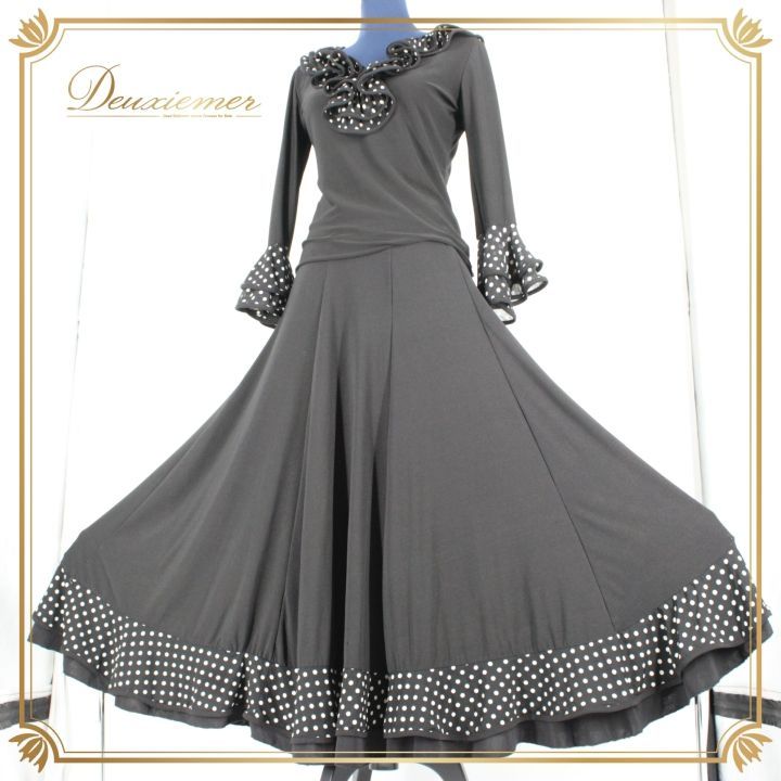 社交ダンス 衣装 上下セット ツーピース レッスンウェア パーティ衣装 女性用 オールシーズン 白 黒 ホワイト系 ブラック系 ICHIOKU イチオク 水玉 ドット 社交ダンス用 レトロスタイル フォーマルドレス 黒ドレス 白ドレス ドット柄