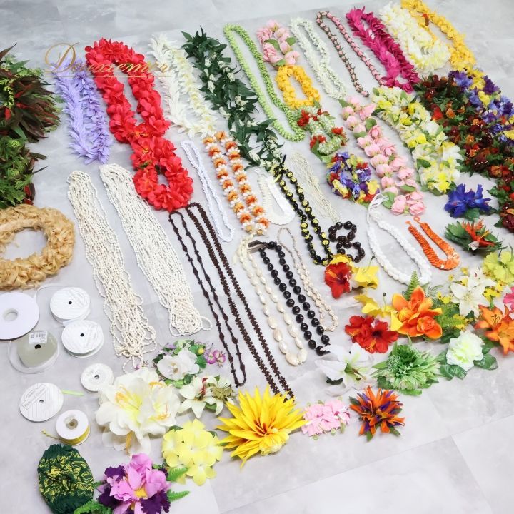 フラダンス 小物 小道具 全70点 セット グリーン系 緑 オレンジ ネックレス フラワーレイ リーフレイ 髪飾り 頭飾り リーフ リボン タヒチアンダンス 民族舞踊 小物セット カラフル レイセット