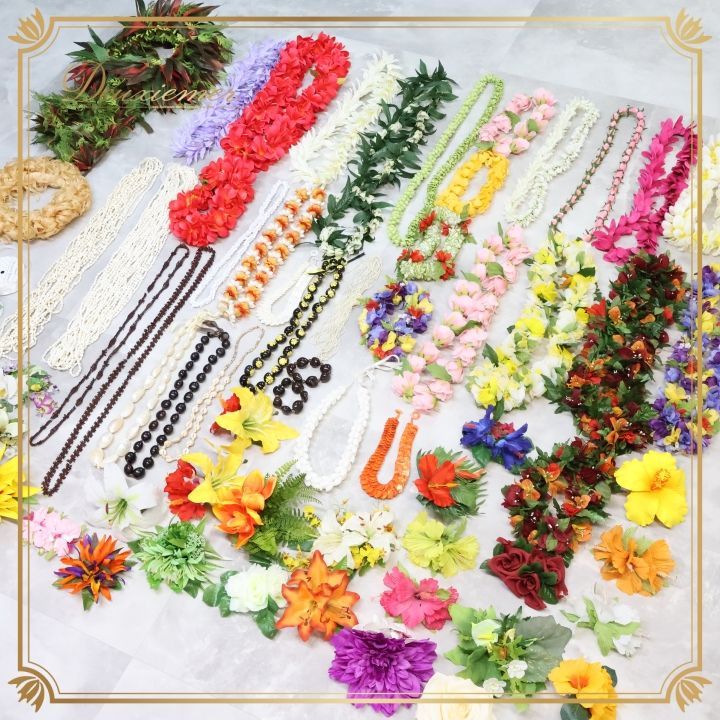 フラダンス 小物 小道具 全70点 セット グリーン系 緑 オレンジ ネックレス フラワーレイ リーフレイ 髪飾り 頭飾り リーフ リボン タヒチアンダンス 民族舞踊 小物セット カラフル リーフ レイセット セット