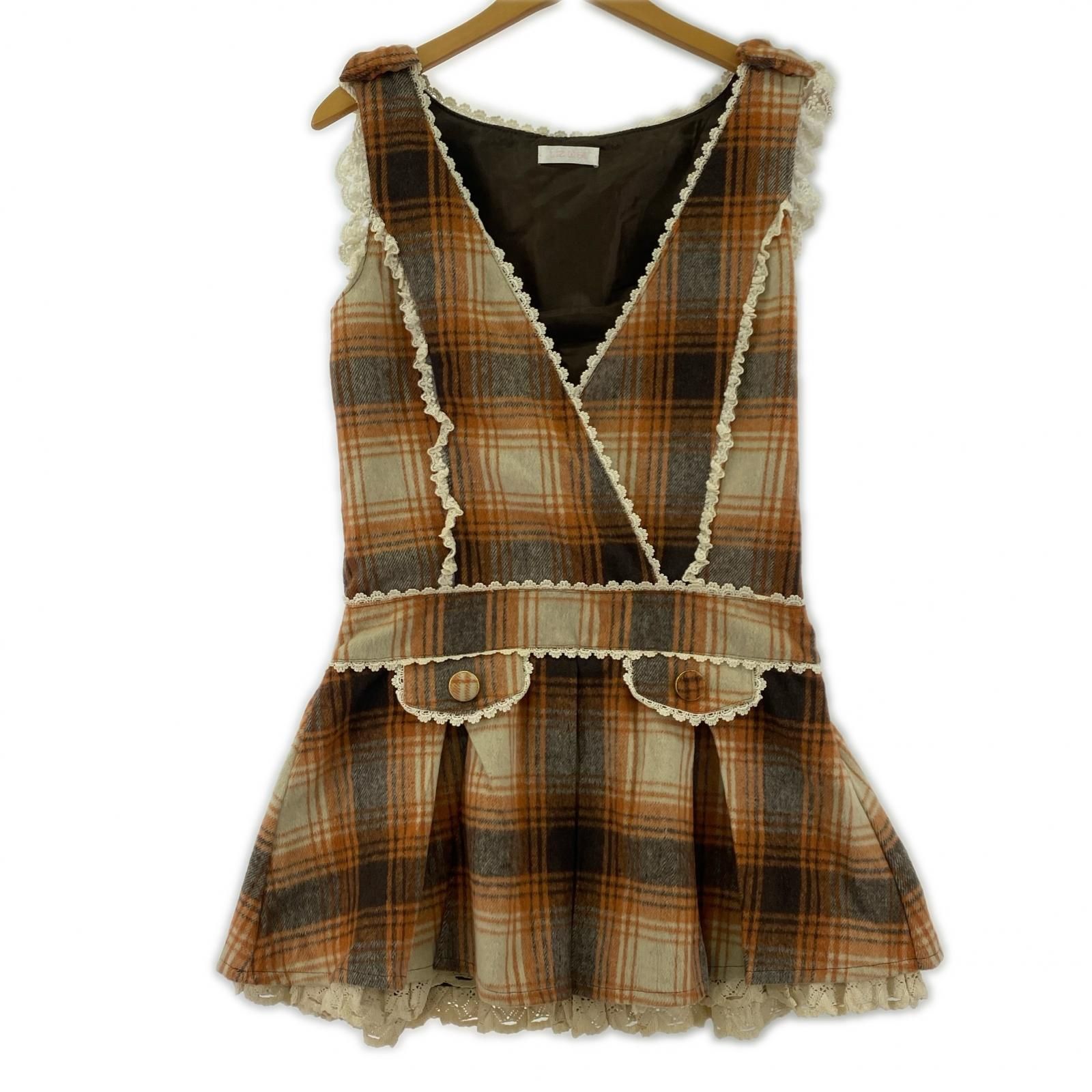 LIZ LISA リズリサ チェック柄 カシュクール ミニ丈ワンピース size0 オレンジ×ブラウン×ベージュ