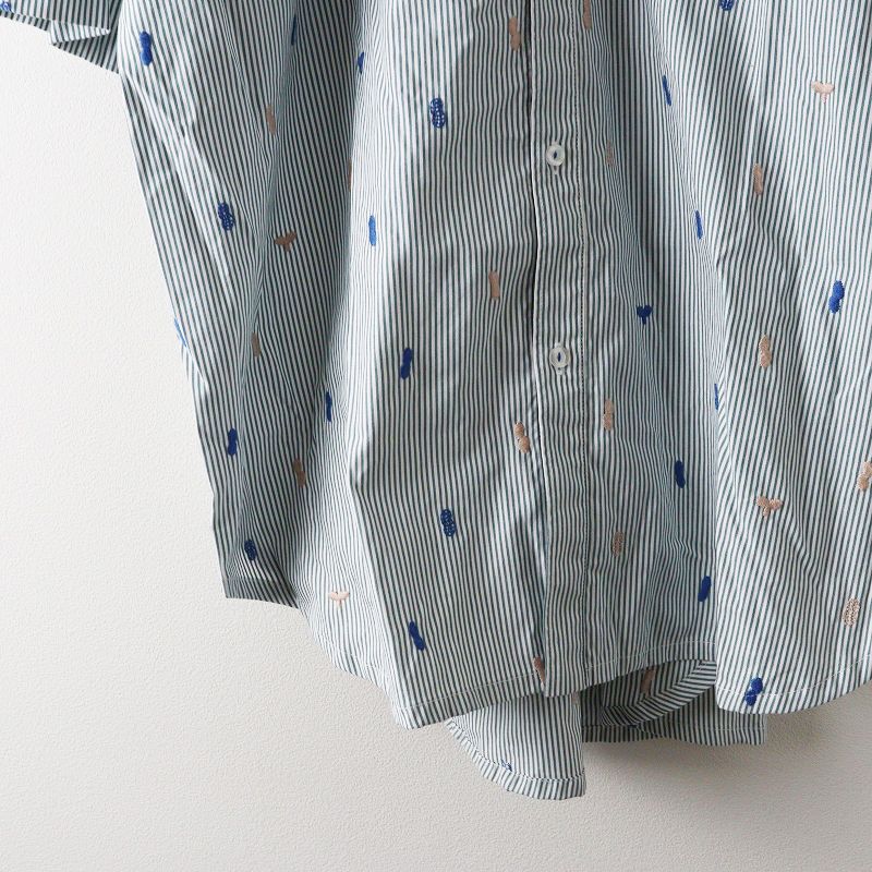 2025 MS マーブルシュッド marble SUD neu EMB rakkasei BIG シャツ‖ホワイト グリーン 刺繍 ストライプ ナチュラルコーデ クルーネック