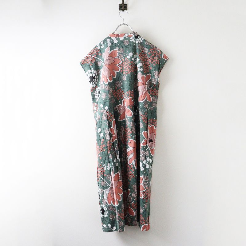 2025SS マーブルシュッド marble SUD Spring Flower フレンチスリーブ タックワンピース‖カーキ フラワー 花柄 鳥 2400014682014