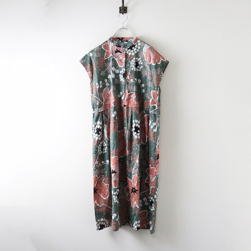 2025SS マーブルシュッド marble SUD Spring Flower フレンチスリーブ タックワンピース‖カーキ フラワー 花柄 鳥 2400014682014