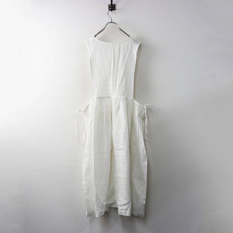 2025AW今季 メグリメグッテ meguri megutte Ecru White フレンチリネン サイドリボンのエプロンワンピース┃白 2400014665185