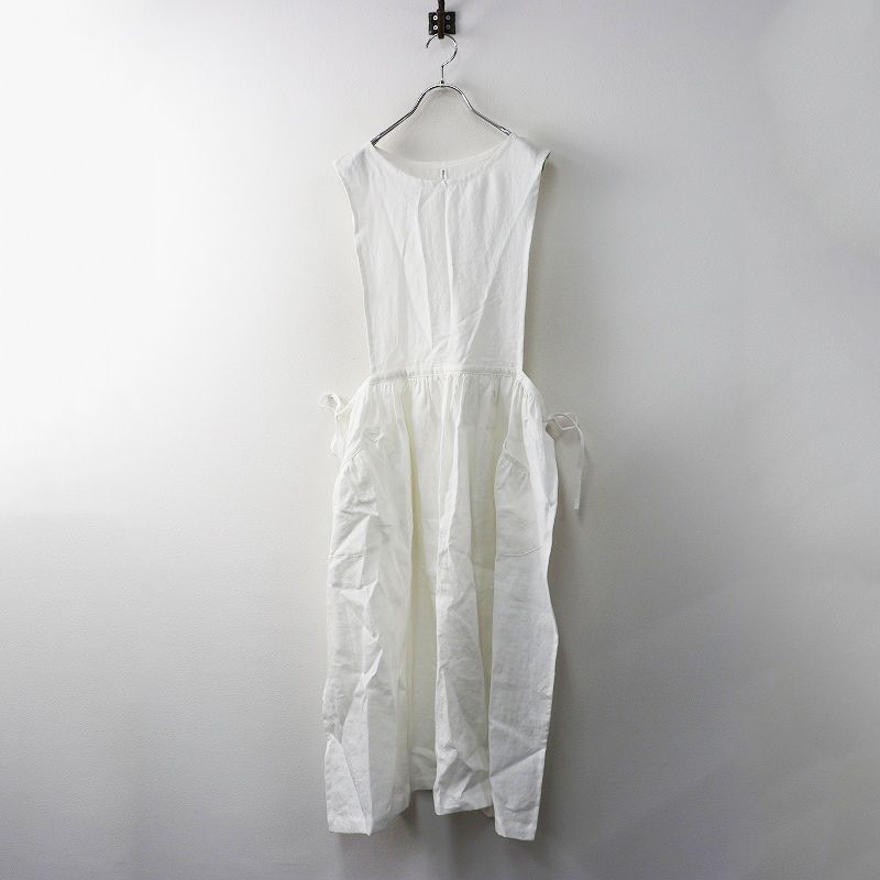 2025AW今季 メグリメグッテ meguri megutte Ecru White フレンチリネン サイドリボンのエプロンワンピース┃白 2400014665185