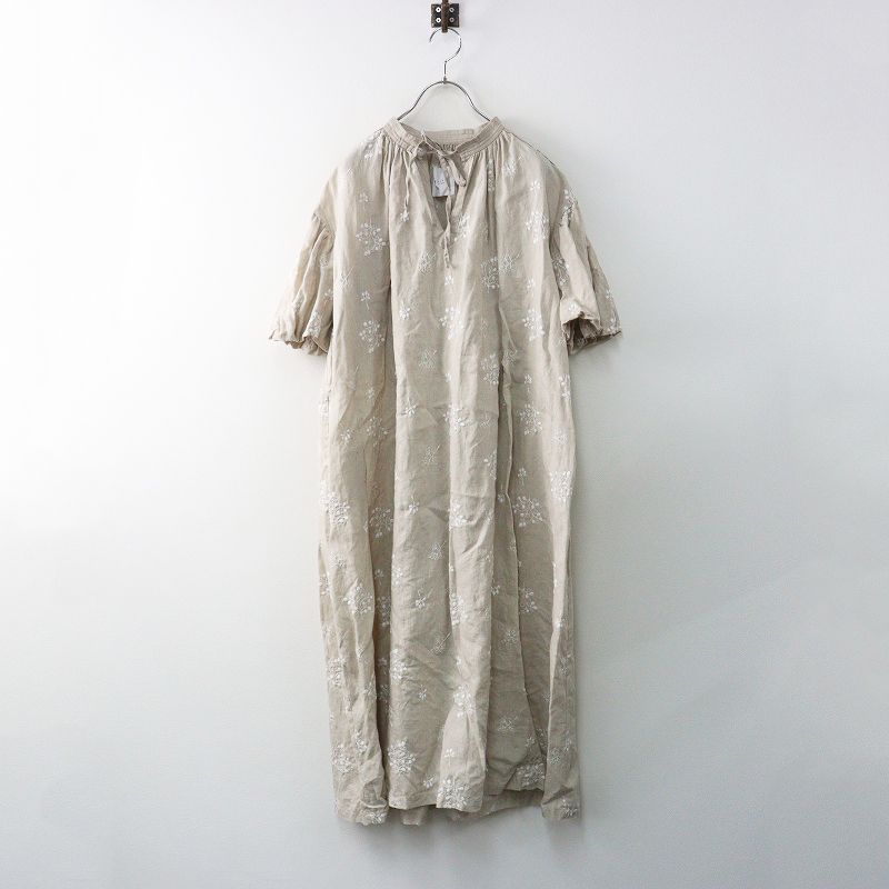 マガリ MAGALI TSUBOMI リネン バルーン袖ペザントワンピース ベージュ┃ チュニック ドレス 刺繍デザイン 麻 2400014673203