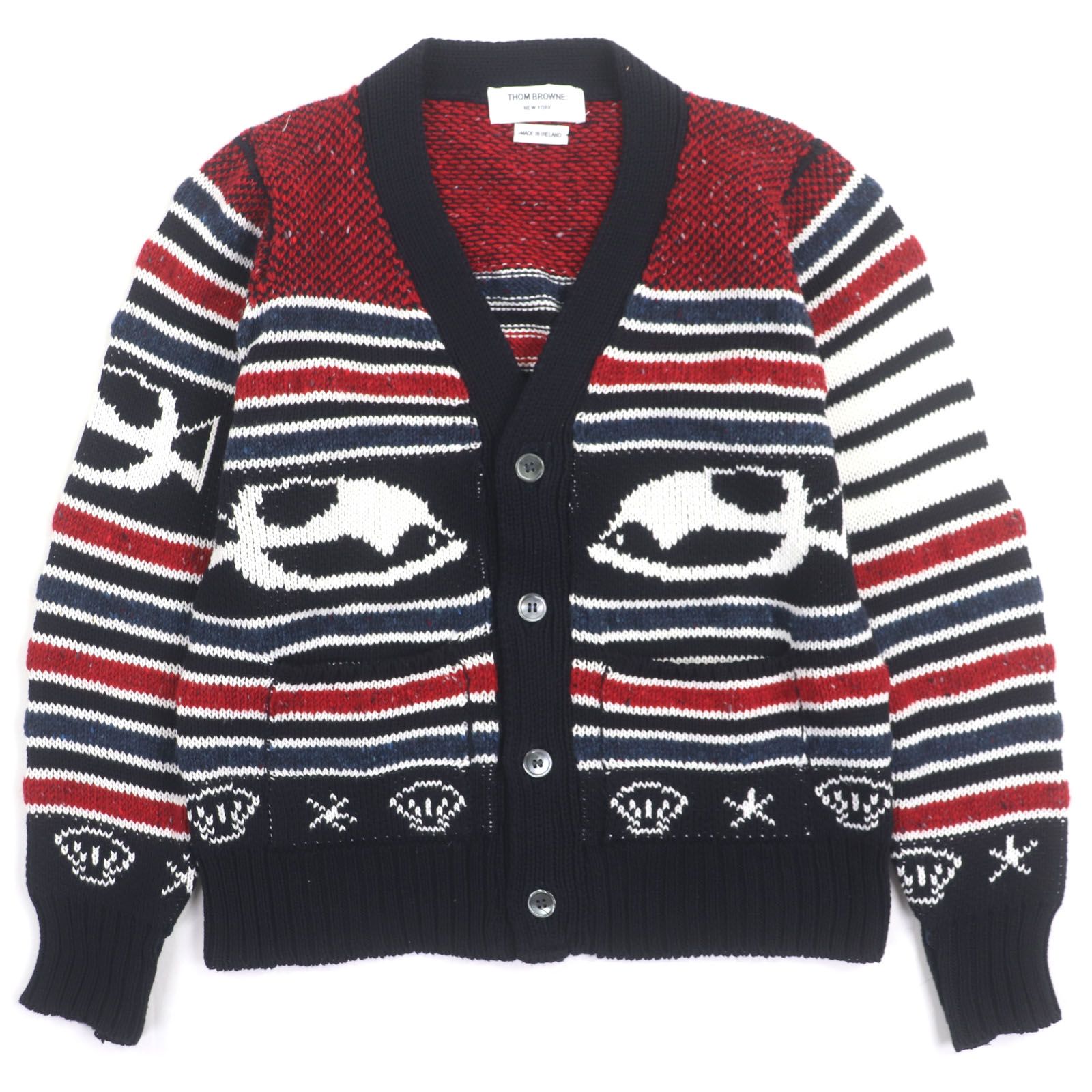 THOM BROWNE トムブラウン MKC029 コットン ウール 魚柄 Vネック ニット カーディガン マルチ 1 メンズ