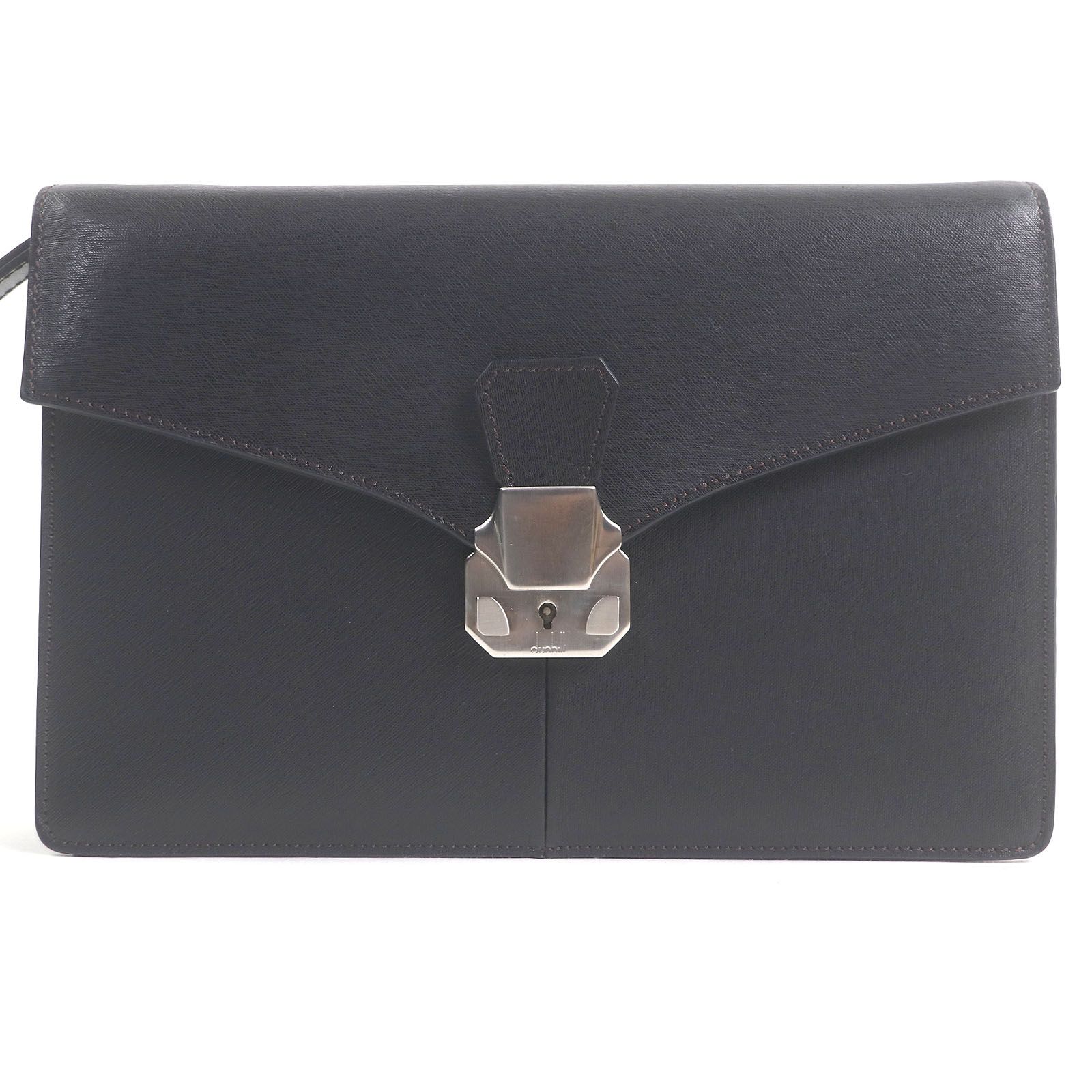 Dunhill ダンヒル カウハイドレザー フラップ式 セカンドバッグ クラッチバッグ ダークブラウン 鍵付き メンズ