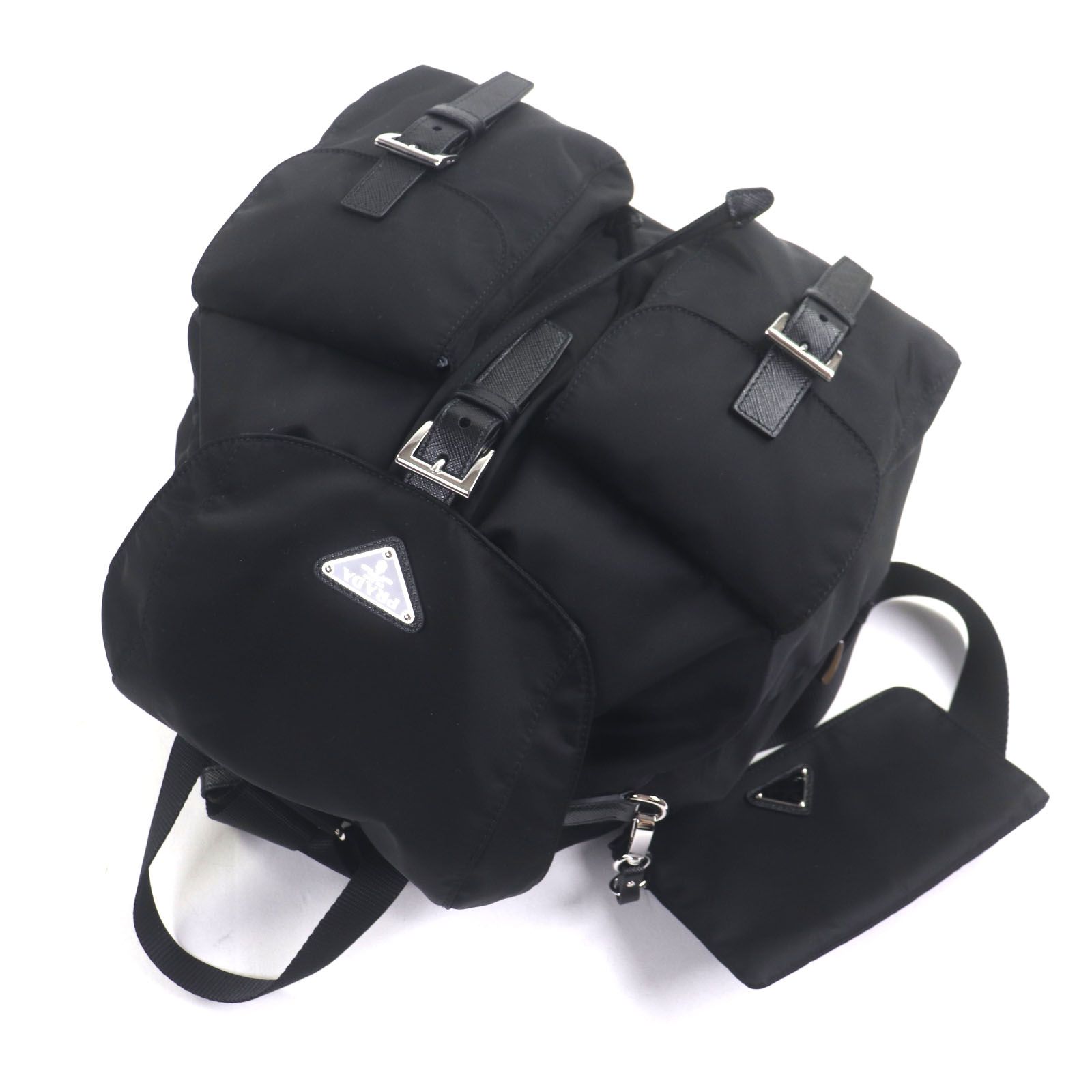 PRADA プラダ 1 BZ 811 ナイロン レザー RE NYLON トライアングルロゴ 三角プレート バックパック ミディアム ポーチ付き リュック デイパック ブラック 保存袋付き イタリア製 メンズ 定価335 500円 ライトアウター リュック バックパック 