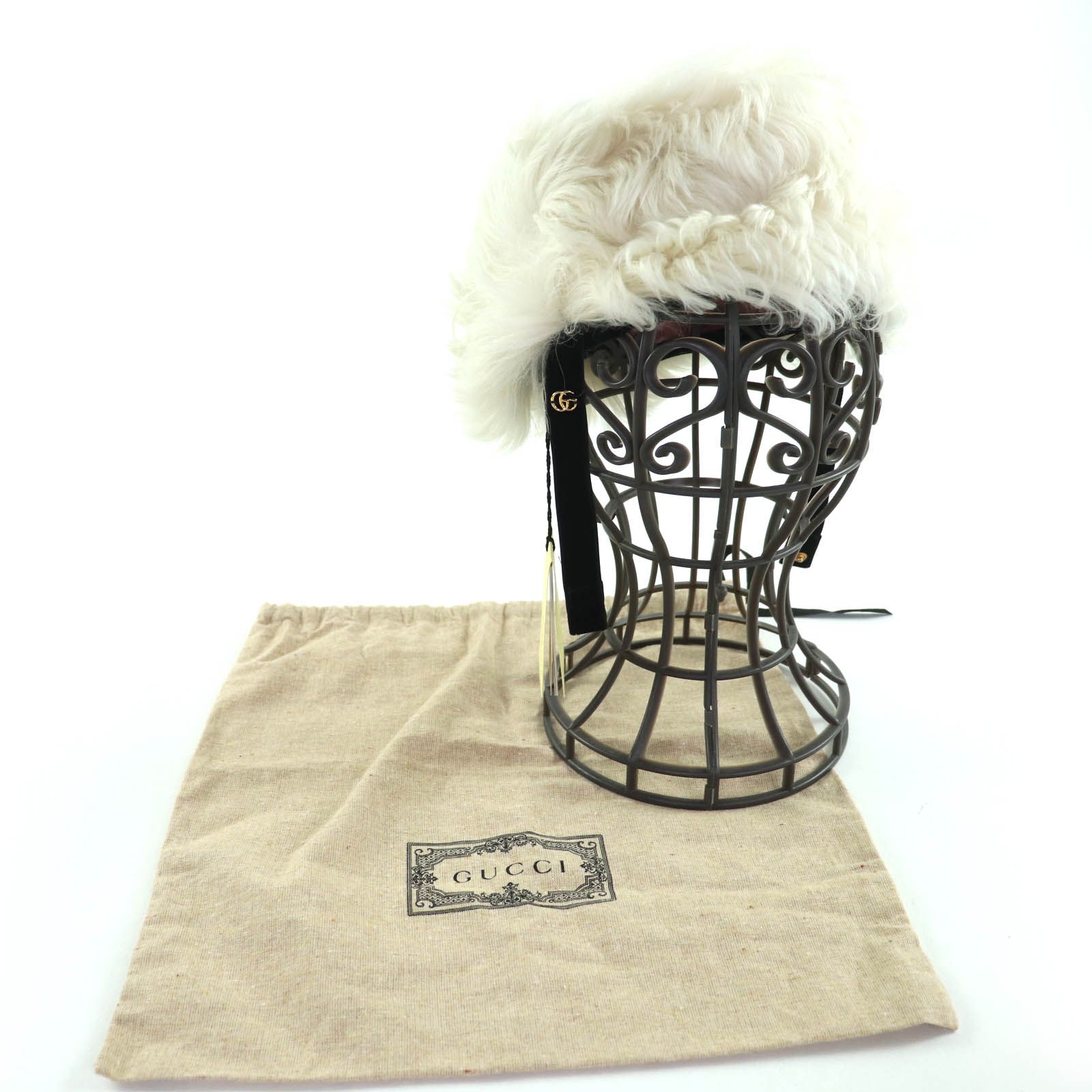 GUCCI グッチ 763498 羊毛皮 GG金具 ラムファー ハット アイボリー M 保存袋付き イタリア製 キッズ