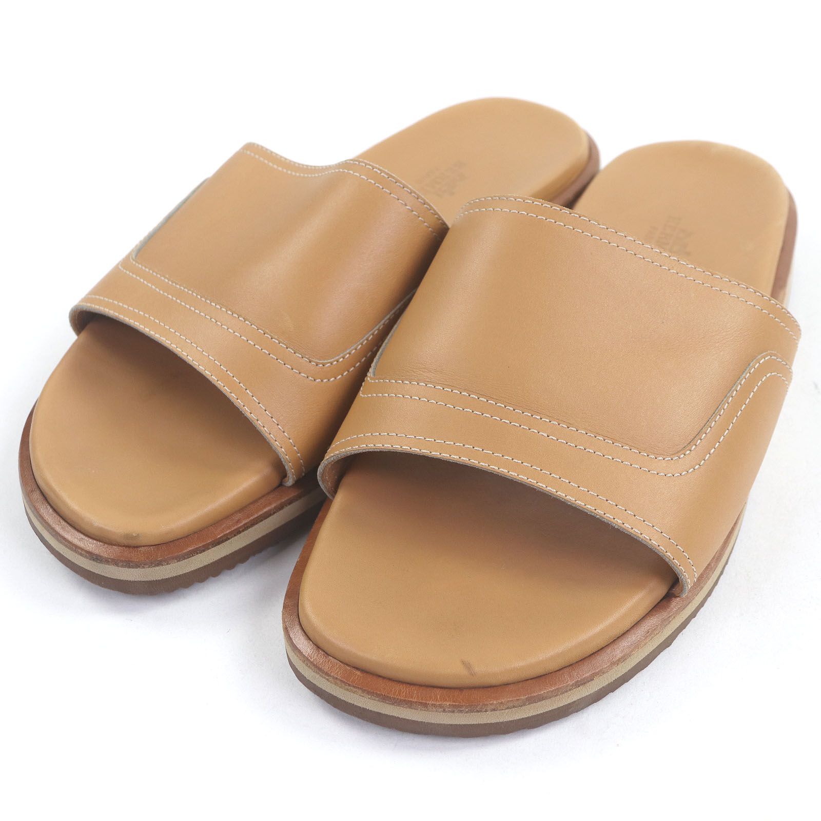 HERMES エルメス レザー ステッチデザイン シャワーサンダル スライドサンダル ベージュ 41 イタリア製 メンズ