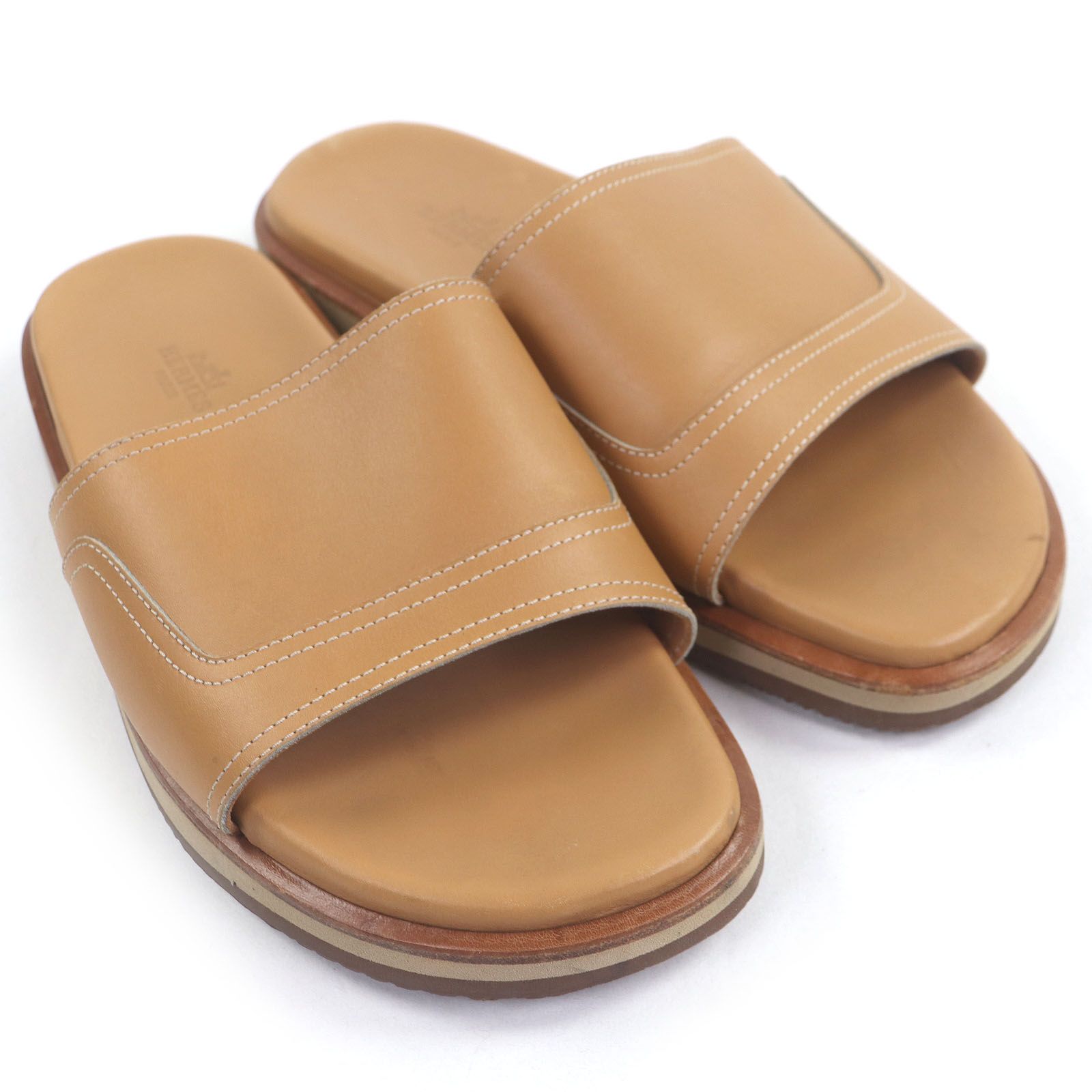 HERMES エルメス レザー ステッチデザイン シャワーサンダル スライドサンダル ベージュ 41 イタリア製 メンズ