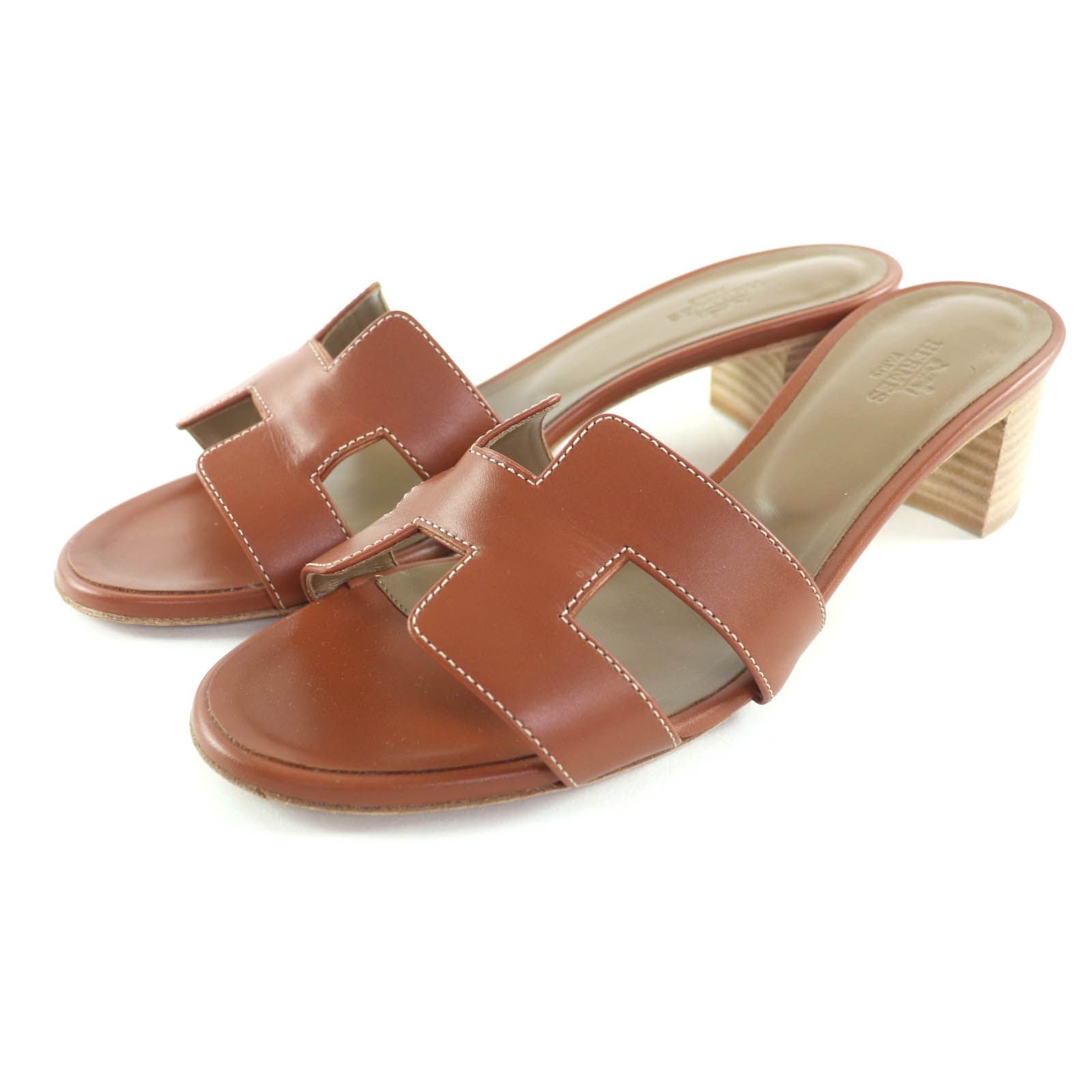 HERMES エルメス オアジス ゴールド Hデザイン チャンキーヒール レザー サンダル 38 箱 保存袋付き イタリア製 レディース