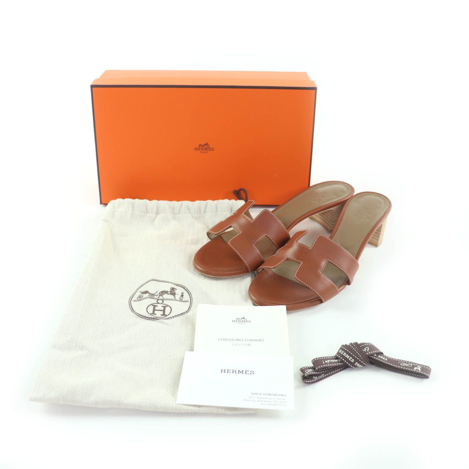 HERMES エルメス オアジス ゴールド Hデザイン チャンキーヒール レザー サンダル 38 箱 保存袋付き イタリア製 レディース