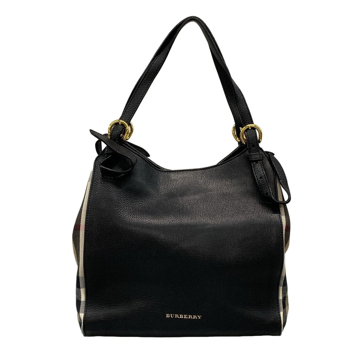 BURBERRY バーバリー トートバッグ - 黒×ベージュ×マルチ チェック柄 レザー