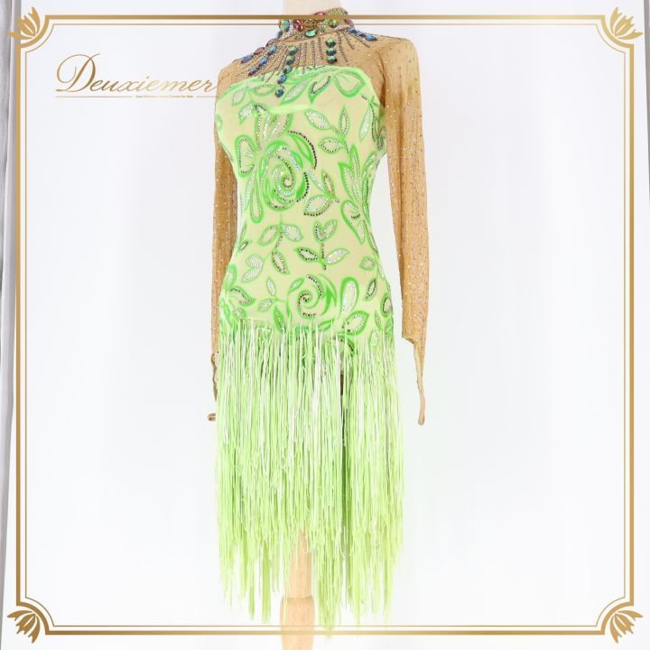 社交ダンス 衣装 チャコット Chacott ラテン ワンピース ラテンドレス 緑 黄緑 ベロア フリンジ グリーン系 長袖 デモ 競技 ダンス パーティ 発表会 キラキラ おしゃれ おすすめ かわいい 女性用 サイズM 競技用 衣装デザイン