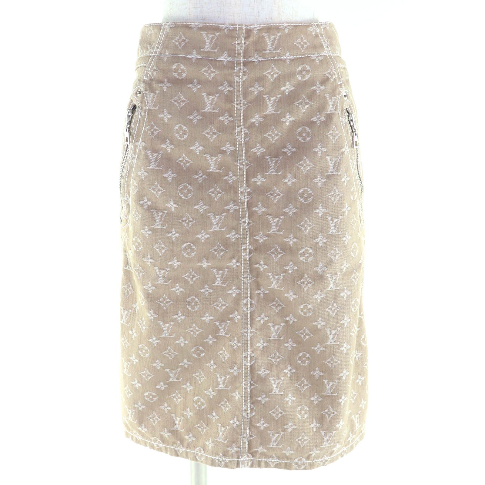 LOUIS VUITTON ルイヴィトン RW071W WKSK02CF7 コットン モノグラム ロゴレザーパッチ付き デニムスカート ベージュ 40 イタリア製 レディース