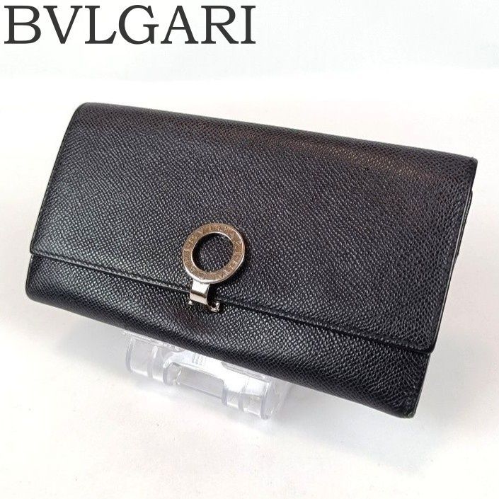BVLGARI ブルガリ 長財布 レザー ブラック 黒 サークルロゴ イタリア製 メンズ シルバー金具 フラップ かぶせ