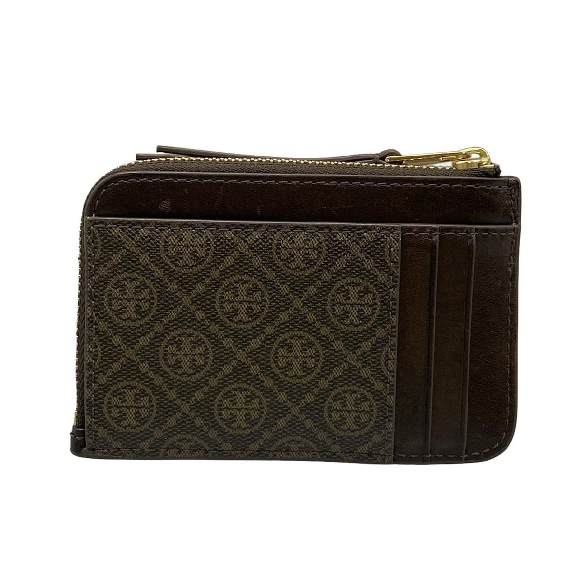 TORY BURCH トリーバーチ コインケース - ダークブラウン×ブラウン キーリング付き L型ジップ レザー