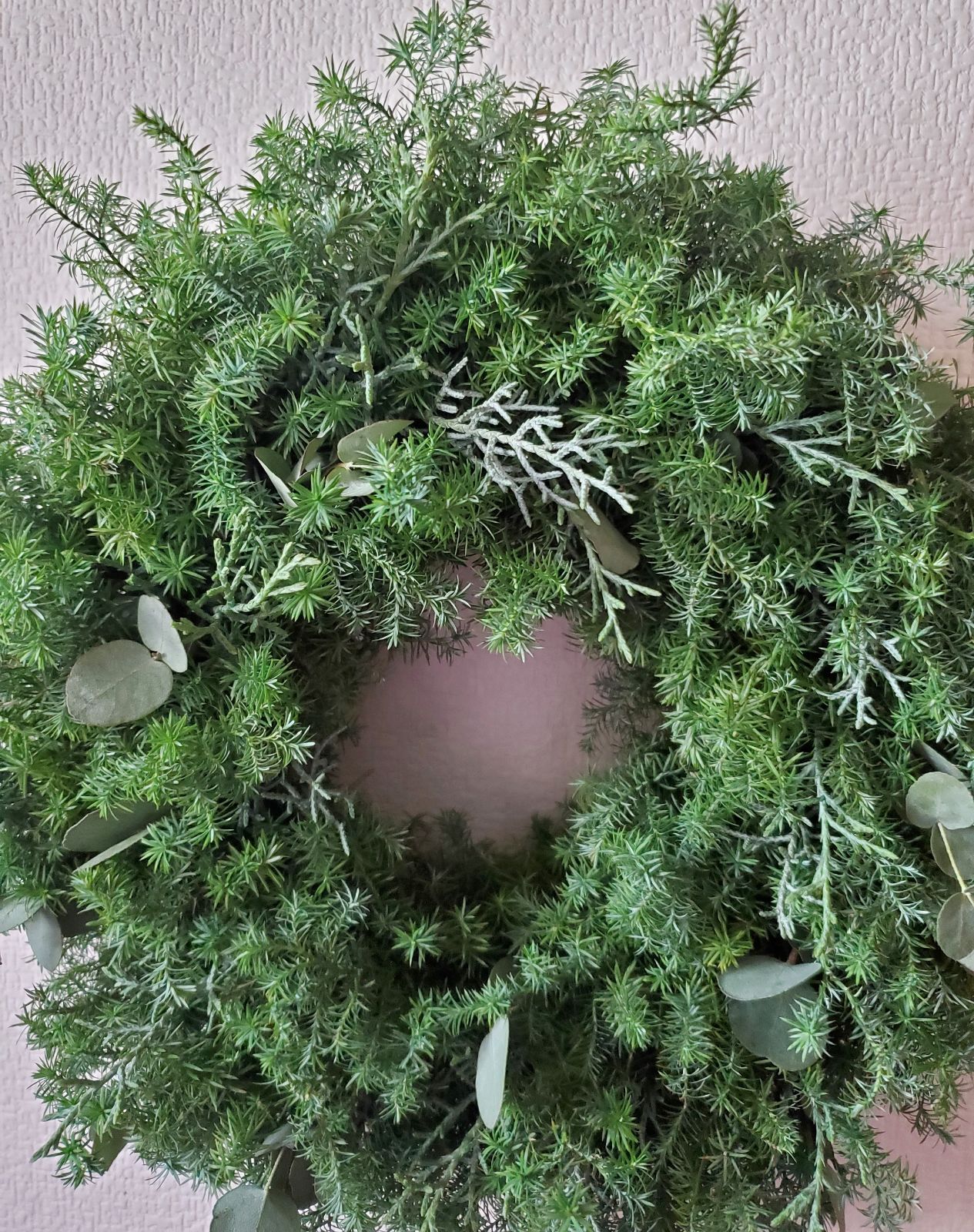 ふわふわ3種類のコニファーリース ヒムロスギ ブルーアイス ユーカリ