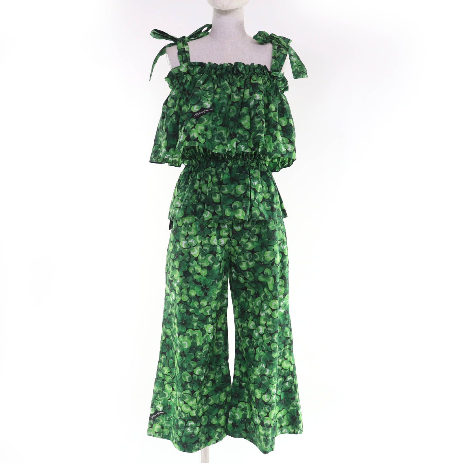 DOLCE-GABBANA ドルチェ＆ガッバーナ コットン100％ クローバー柄 トップス パンツ セットアップ グリーン 36 イタリア製 レディース