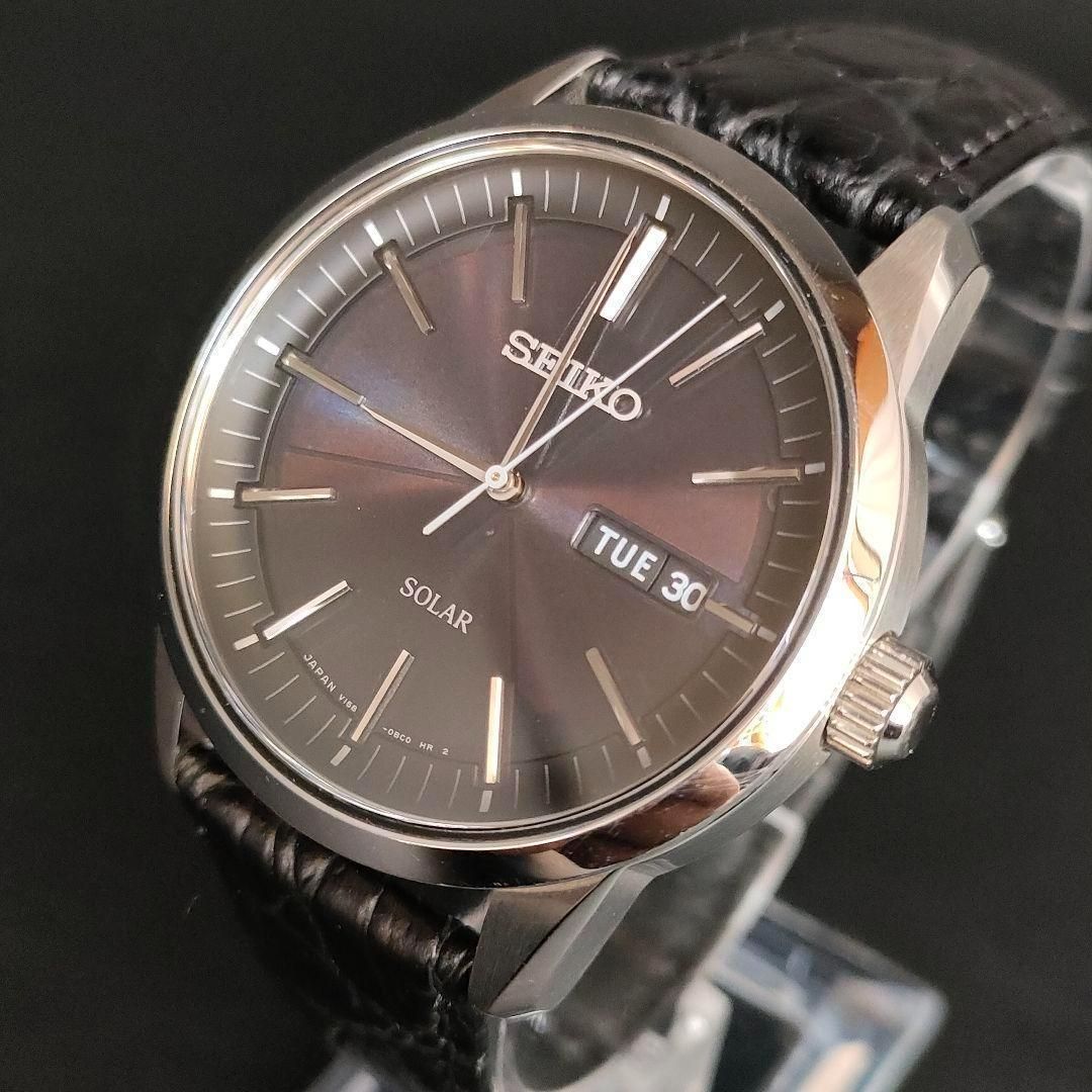 SEIKO セイコー V158 ブラック シルバー レザー ソーラー