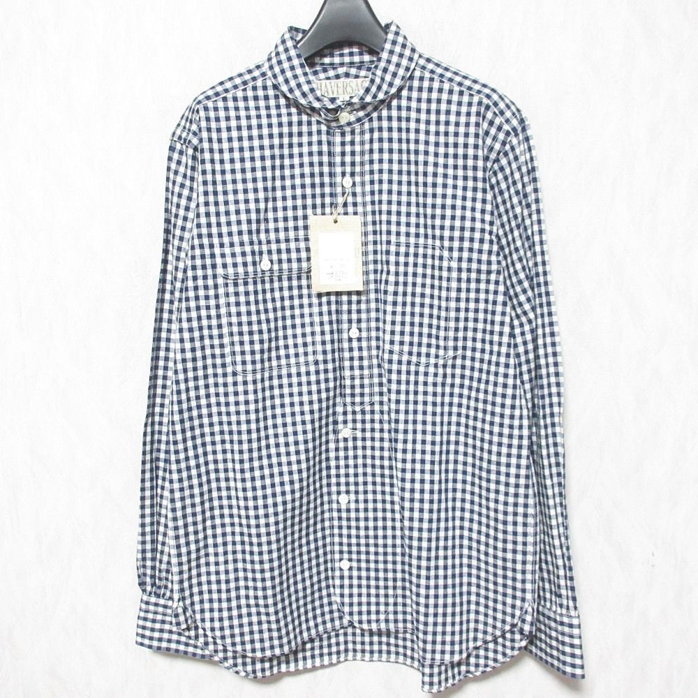 HAVERSACK ハバーサック コットンリネン ギンガムチェック ラウンド シャツ 821284 サイズL ネイビー ホワイト メンズ 古着