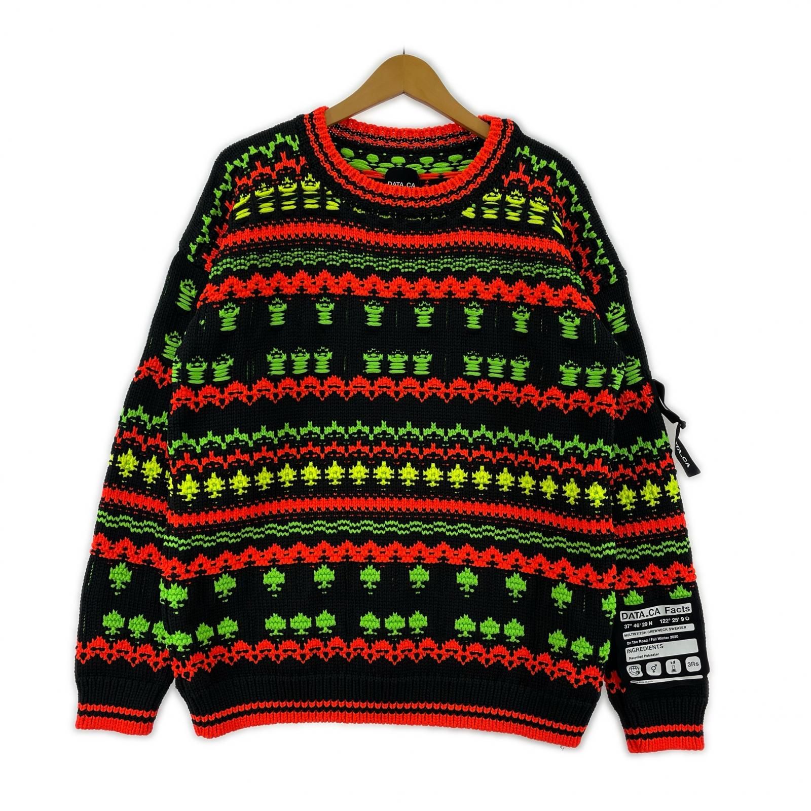 美品  DATA_CA タグ付き 総柄ニット sizeM/ブラック×ネオンオレンジ×ネオングリーン