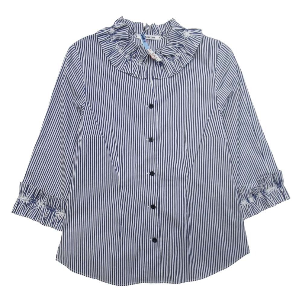 製 DAISY LIN デイジーリン フォクシー ストライプ フリル 七分袖 ブラウス シャツ カットソー 38 ネイビー×ホワイト レディース 古着