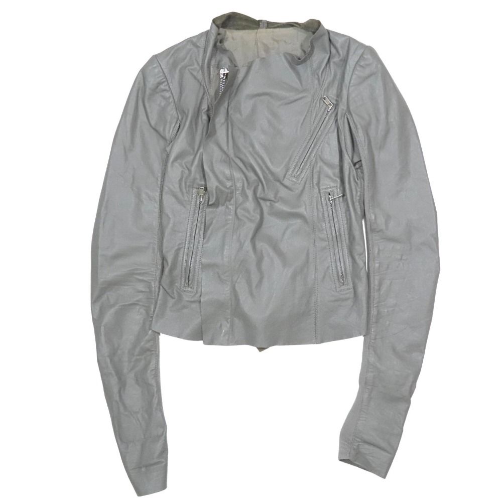 17ss Rick Owens リックオウエンス ラムレザー ジャケット ダブルライダース ドレープ ブルゾン リブ アウター 40 グレー レディース 古着