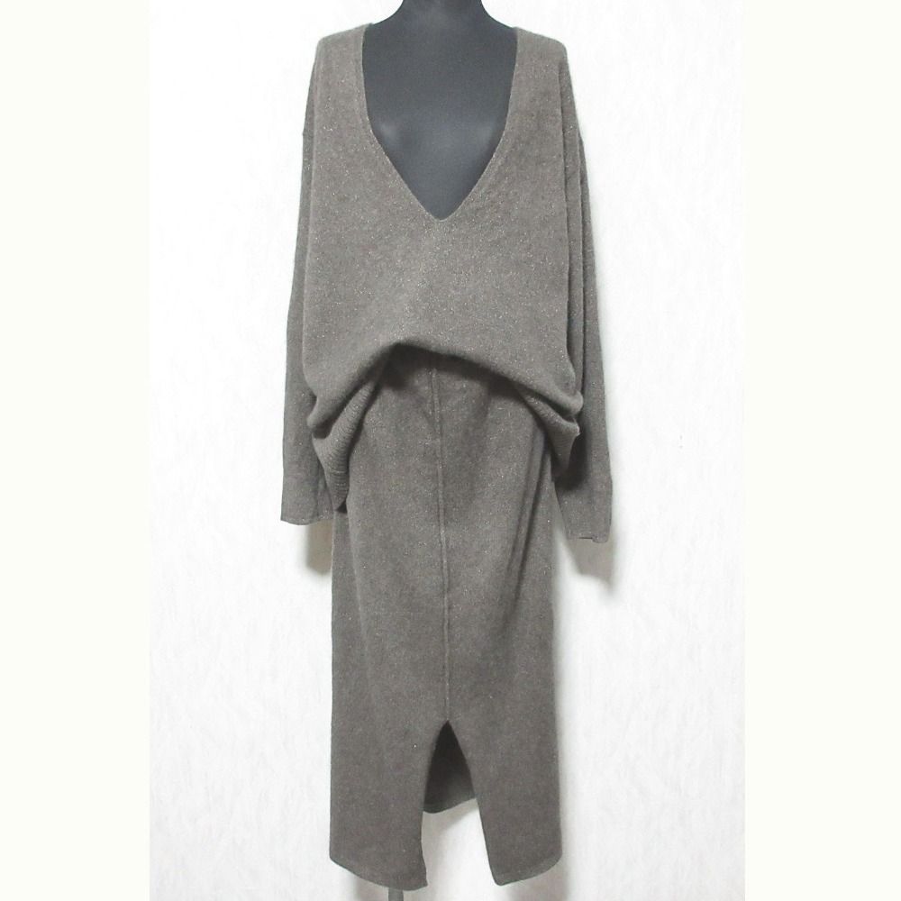 SALON アダムエロペ フォックスウールラメニット ディープVネックプルオーバー タイトスカート セットアップ SHC SHM-34860-B レディース 古着