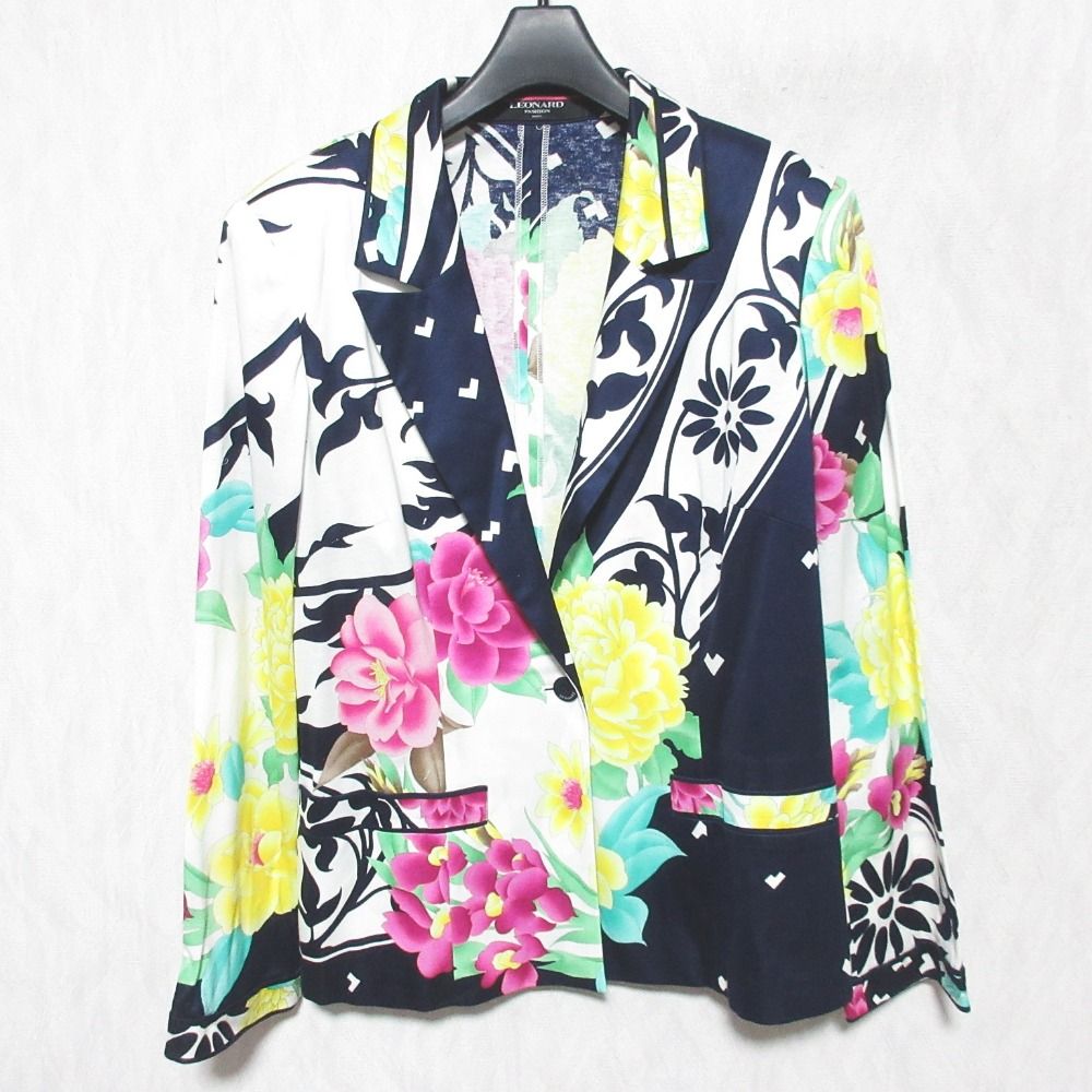 LEONARD FASHION レオナール フラワープリント カットソージャケット スカート スーツ セットアップ ネイビー マルチ レディース 古着