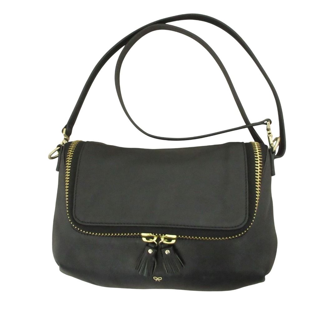 ANYA HINDMARCH アニヤハインドマーチ レザー マキシジップ クロスボディバッグ ショルダーバッグ ブラック レディース 古着