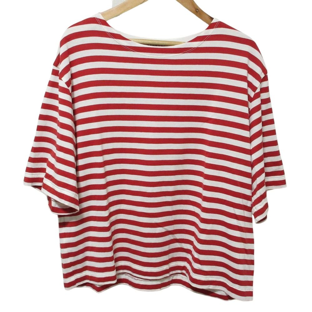 25SS MARGARET HOWELL マーガレットハウエル EVEN STRIPE ボーダー 半袖 カットソー 2 レッド ホワイト レディース 古着