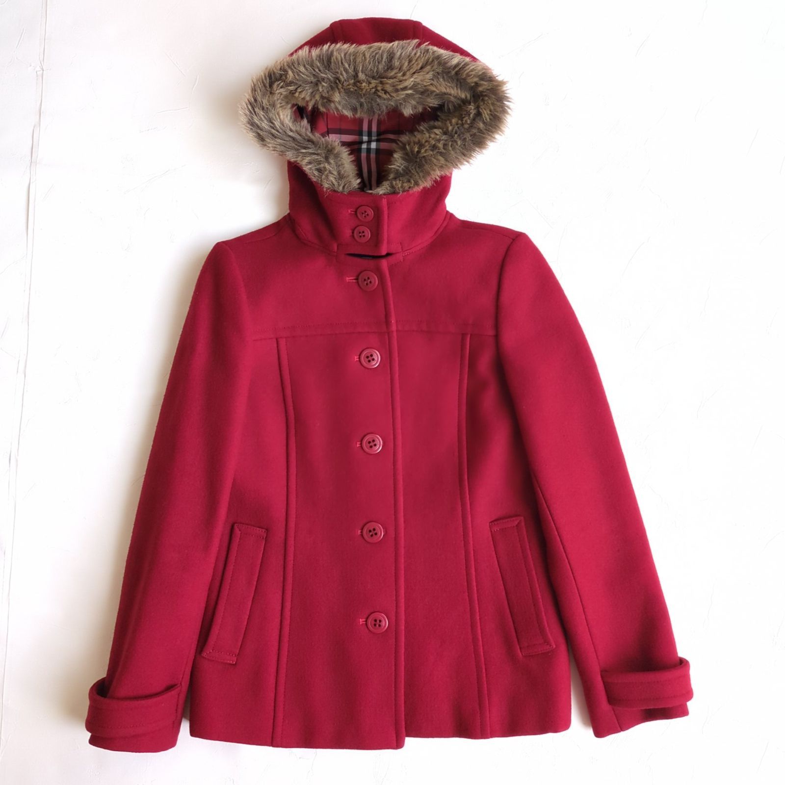 バーバリーブルーレーベル　ウールコート　フード付　裏ノバチェック　赤　レッド　M BURBERRY BLUE LABEL】 バーバーリーブルーレーベル フーデットコート