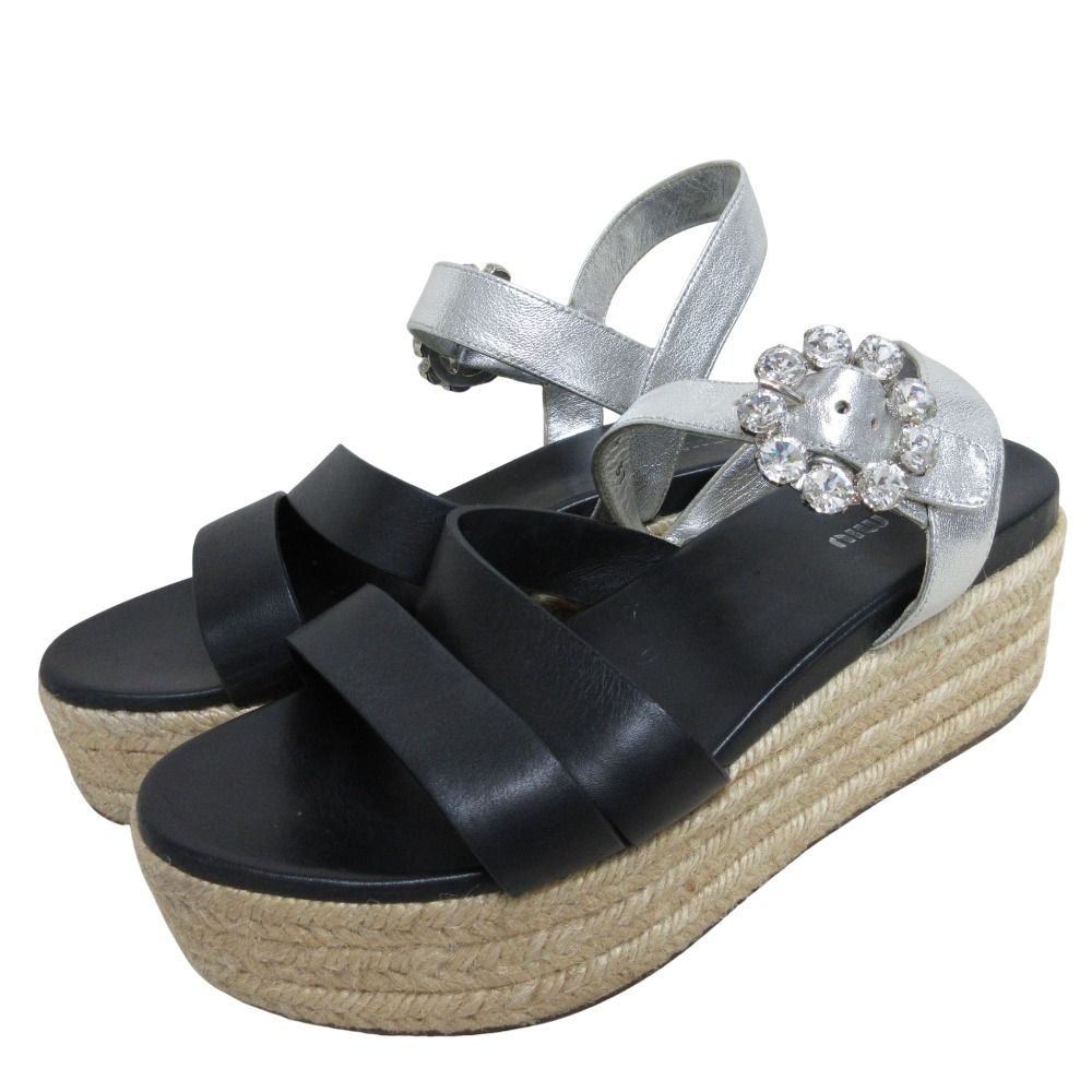 miumiu ミュウミュウ エスパドリーユ プラットフォーム ビジューサンダル 37 23 5 cm相当 ブラック シルバー レディース 古着