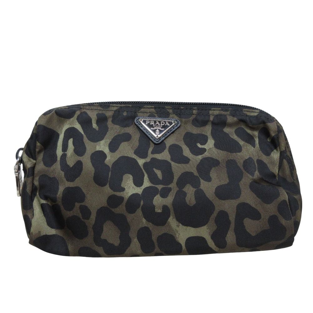 PRADA プラダ レオパード ナイロン コスメポーチ 化粧ポーチ 1N0693 カーキ レディース 古着