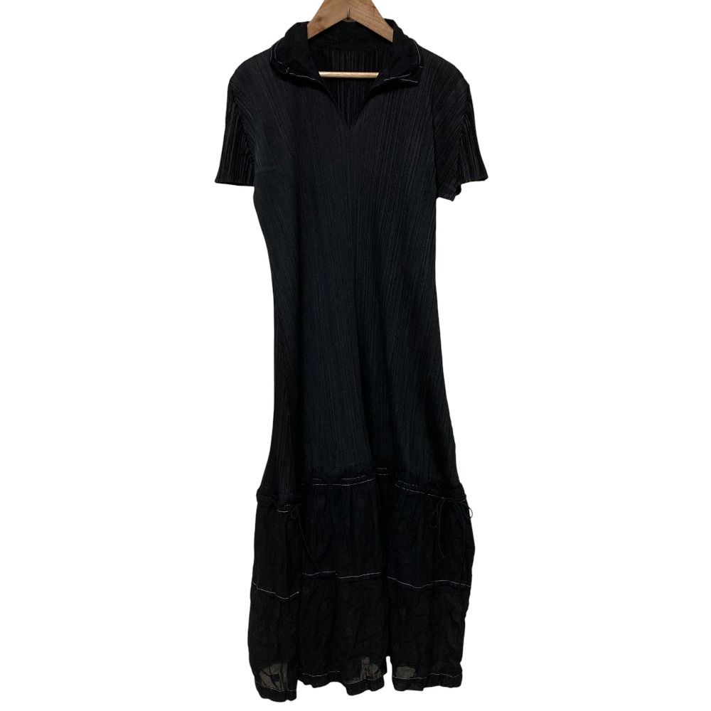PLEATS PLEASE プリーツプリーズ イッセイミヤケ 異素材コンビ スキッパー シャツワンピース PP43-JH506 サイズ3 ブラック レディース 古着