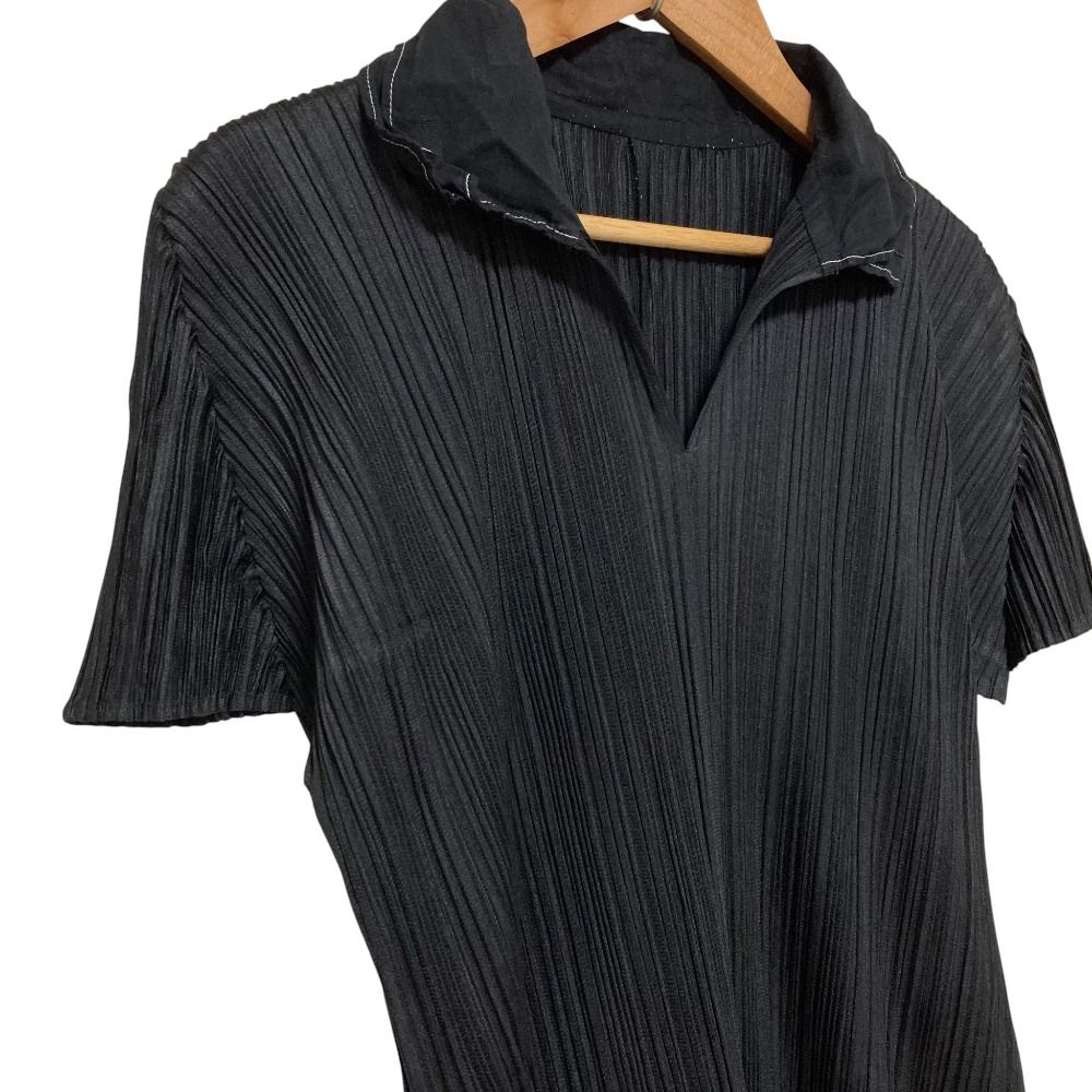 PLEATS PLEASE プリーツプリーズ イッセイミヤケ 異素材コンビ スキッパー シャツワンピース PP 43-JH 506 サイズ3 ブラック レディース 古着